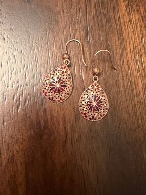 Dyadema Italian Gold Teardrop Filigree Earrings with Red Accents - Women Jewelry